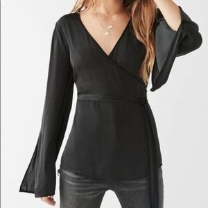 Urban Outfitters Satin Wrap Top Womens Small Black Silky Split Sleeve Party Goth